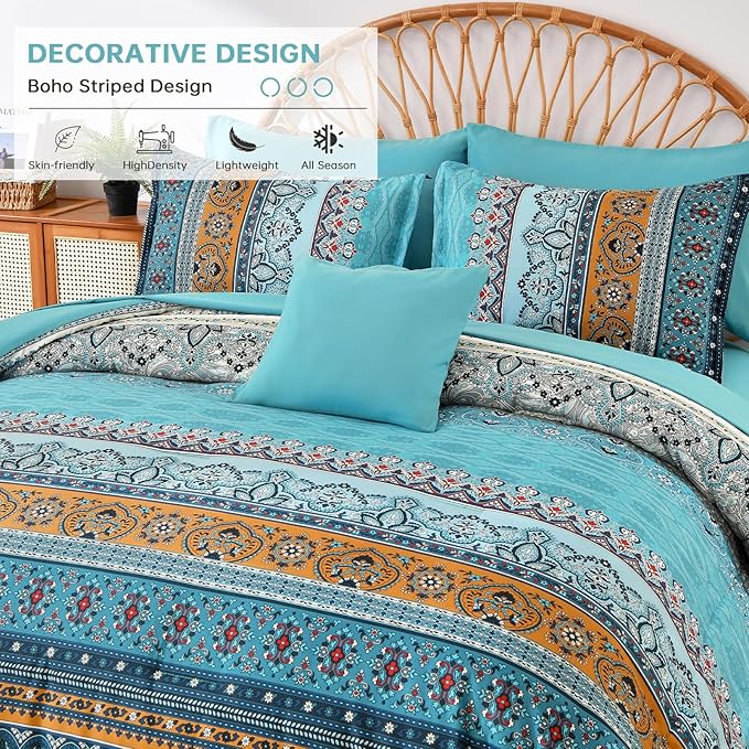 Cottolester Boho King Comforter Set 8 Pieces,Teal and Yellow Bohemian Comforter Paisley Striped Bed in A Bag,Soft Microfiber Bedding Set for All Season