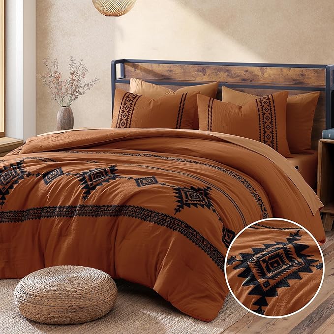 MaiRêve Embroidery Comforter Set, Boho Farmhouse Western Bedding Set, All Season Bed in A Bag Comforter Set with Sheets, Pillowcases & Shams, Burnt Orange Queen 7 Pieces