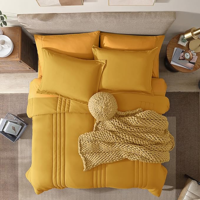 Monbix King Size Comforter Set - 7 Pieces Bed in a Bag King, Bright Yellow Bedding Sets with Comforter, All Seasons Comforter Bed Set with Sheets, Pillowcases & Shams