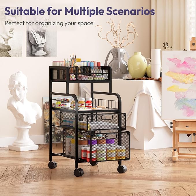 SWTYMIKI Rolling Cart with Drawers - Metal Utility Cart with Wood Shelf, DIY Divider and Locking Wheels, Craft & Art Cart Organizer for Under Desk Storage for Home Office Studio, Black