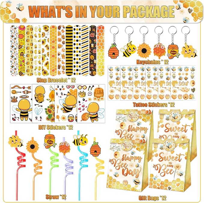 Erweicet Bee Party Favors 72 PCS Cute Bee Slap Bracelets DIY Stickers Honeycomb Temporary Tattoos Keychain Plastic Straws Gift Bags for Bee Day Theme Kids Birthday Party Baby Shower Party Supplies