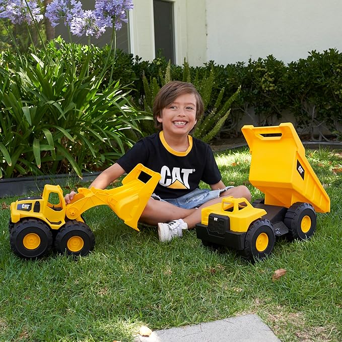 CAT Construction Toys, Tough Rigs 15" Dump Truck & Loader Set Toys 2 Pack Ages 2+, Kid Powered CATerpillar Vehicle Set, Indoor or Outdoor Play, No Batteries Required