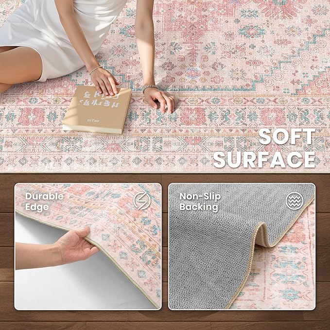 zesthome 6x9 Washable Rugs for Baby Girl, Super Soft Pink Rugs for Nursery Room, Non-Slip Stain Resistant Bedroom Rug, Ultra-Thin Large Area Rug (Pink/Blue,6'x9')