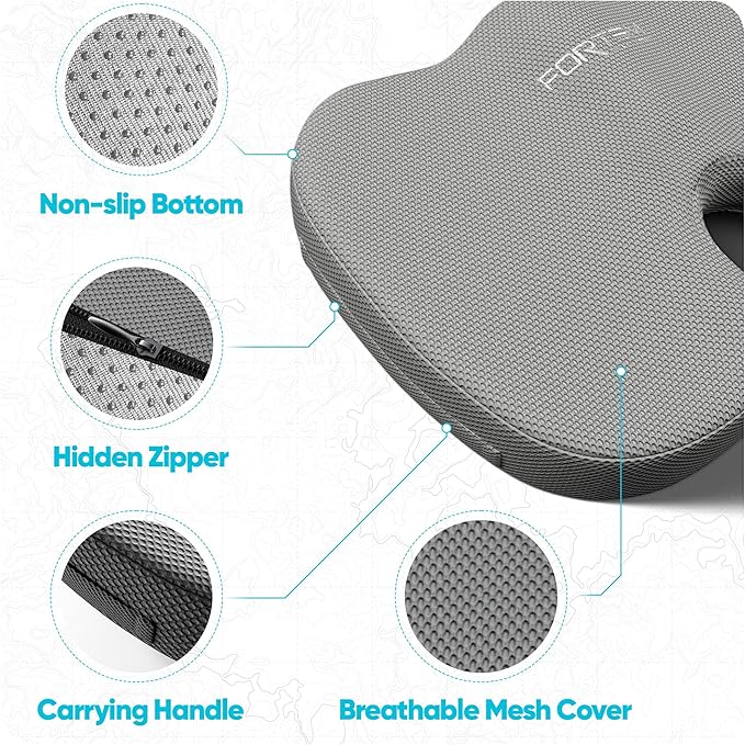FORTEM Seat Cushion, Office Chair Cushion, Lumbar Support Pillow for Office Chair, Memory Foam Sciatica Coccyx Tailbone Pressure Pain Relief, Car Sitting Pad, Washable Non Slip