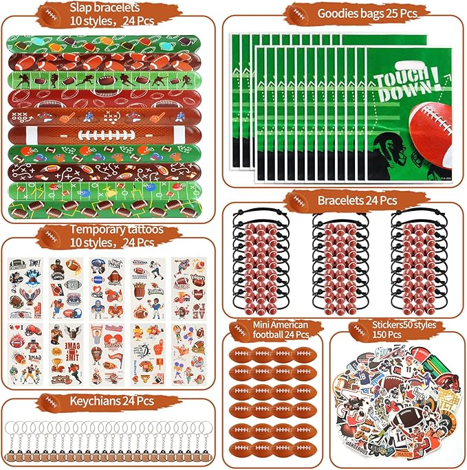 Kolewo4ever 295 Pieces Football Party Favors Football Themed Birthday Gift Goodie Bags Party Faovrs 24 Set Mini Foam Stress Balls,Slap Bracelet, Keychain, Charm Bracelets