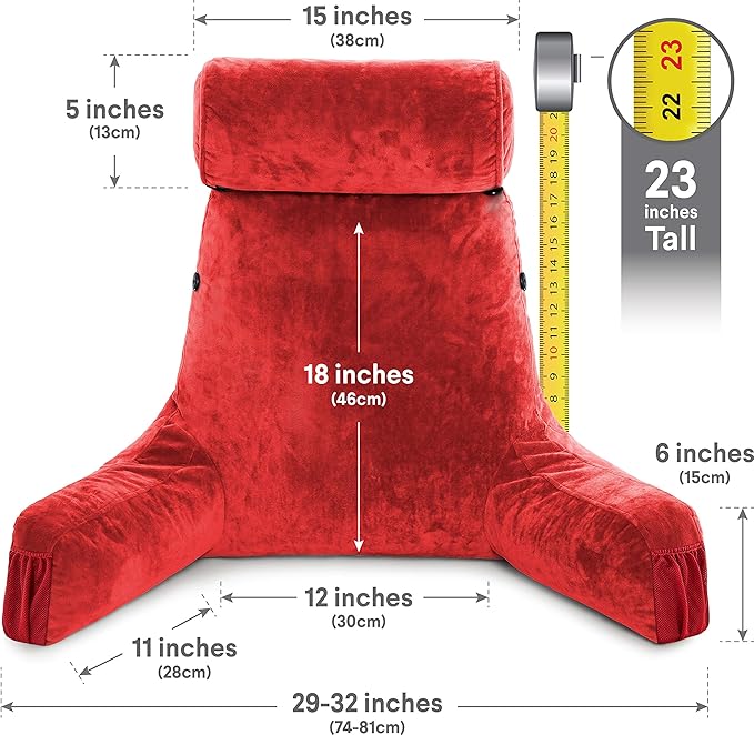 Husband Pillow Medium Red, Backrest for Kids, Teens, Petite Adults - Reading Pillows with Arms, Adjustable Loft, Plush Memory Foam, Bed Rest Chair for Sitting Up, Detach Neck Roll, Removable Cover