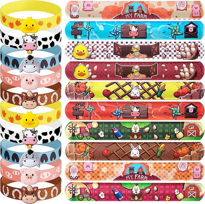 30 PCS Farm Animal Party Favors 10 Silicone Wristbands 20 Slap Bracelets Themed Birthdays Party Supplies Decorations Decor Cow Barn Animals Sheep Pig Horse Tractor Pattern Girls Boys Gifts