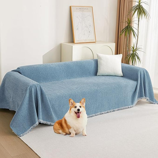 MYSKY HOME Couch Covers Loveseat Couch Cover Blanket Blue Chenille Sofa Covers with Tassel Edge Living Room Large Futon Sofa Slipcovers Simple Practical Furniture Protector for Dogs Pet 91"x 118"