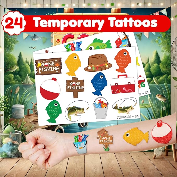 48PCS Gone Fishing Party Favors - 24PCS Tattoos & 24PCS Slap Bracelets - Fishing-Themed Birthday Supplies, Decorations, Classroom Prizes, Carnival Rewards, Gifts for Boys & Girls