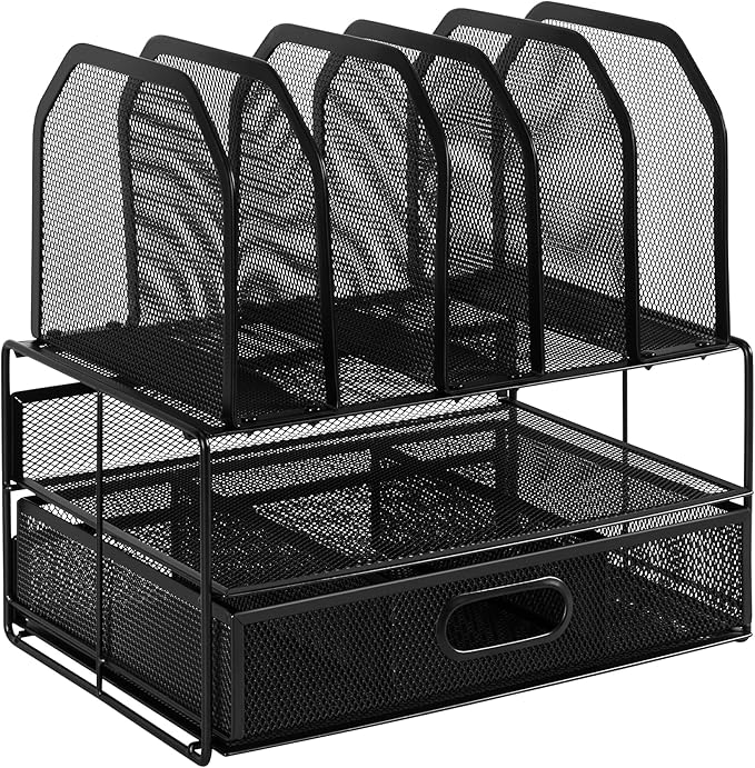 Amazon Basics Mesh Desk Organizer with Sliding Drawer, Double Tray and 5 Upright Sections, Black