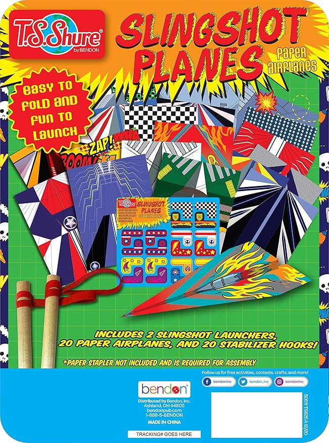 Bendon TS Shure Slingshot Airplanes Educational Activity Tin with Stabilizer Hooks and Slingshots 50511