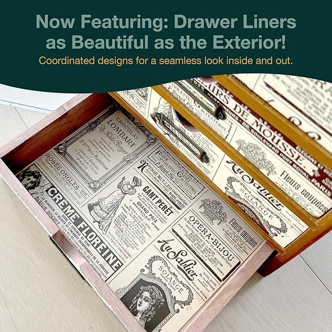 4-Drawer Vintage Ephemera Pattern Desktop Organizer - Arts and Craft Newspaper Design Desk Storage Cabinet - Ephemera Wood Shelf Drawers with Label Holders - Scrapbook Collecting