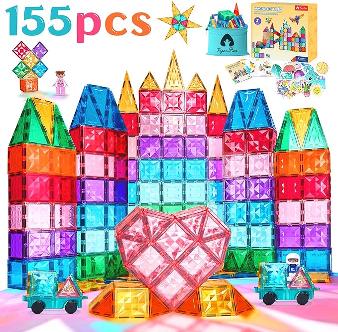 Magnetic Tiles Set, Magnet Tiles Building Blocks with Car Toy Figurines and Stickers, Construction Educational STEM Sensory Toys Gifts for 3 4 5 6 7 8 + Year Old Kids Toddlers Boys Girls