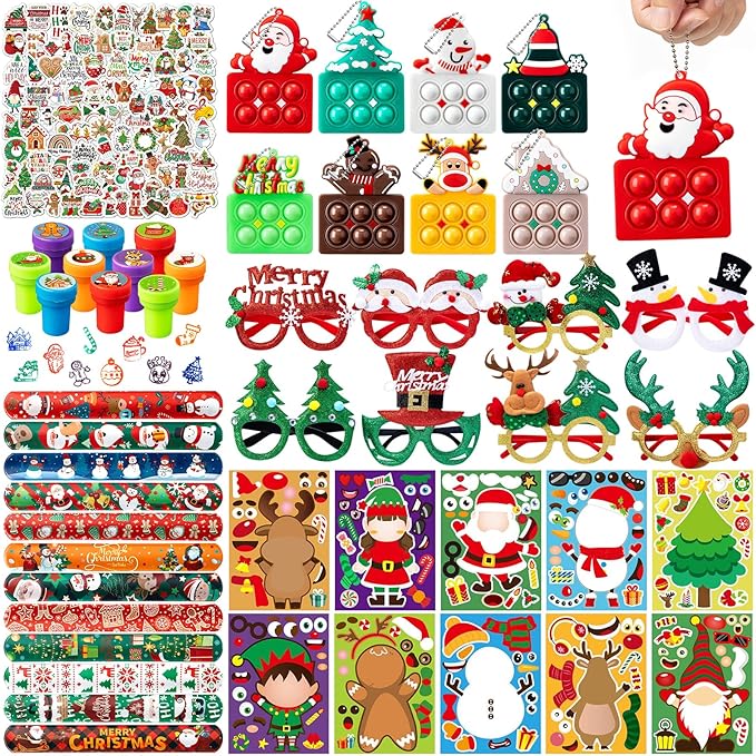 148 Pcs Christmas Party Favors, Glitter Glasses, Pop Fidget Toys Keychain, Make a Face Sticker, Assorted Stamps Self-Ink Stamper, Slap Bracelet, Christmas Sticker, Christmas Toy Gift for Kid