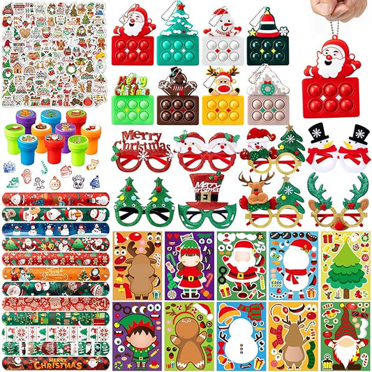 148 Pcs Christmas Party Favors, Glitter Glasses, Pop Fidget Toys Keychain, Make a Face Sticker, Assorted Stamps Self-Ink Stamper, Slap Bracelet, Christmas Sticker, Christmas Toy Gift for Kid