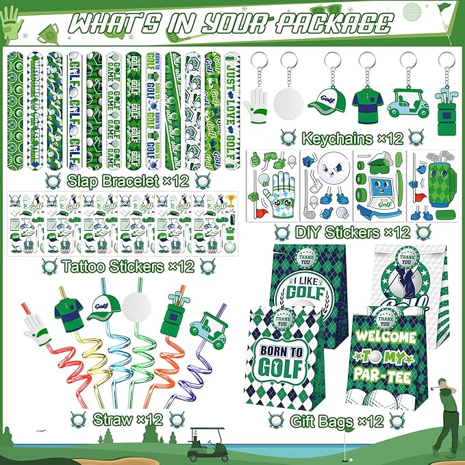 Erweicet Golf Party Favor 72 PCS Golf Theme Slap Bracelet DIY Stickers Temopory Tattoos Keychains Plastic Straws Gift Bags for Golf Birthday Party Sports Event Goodies Bags Filler