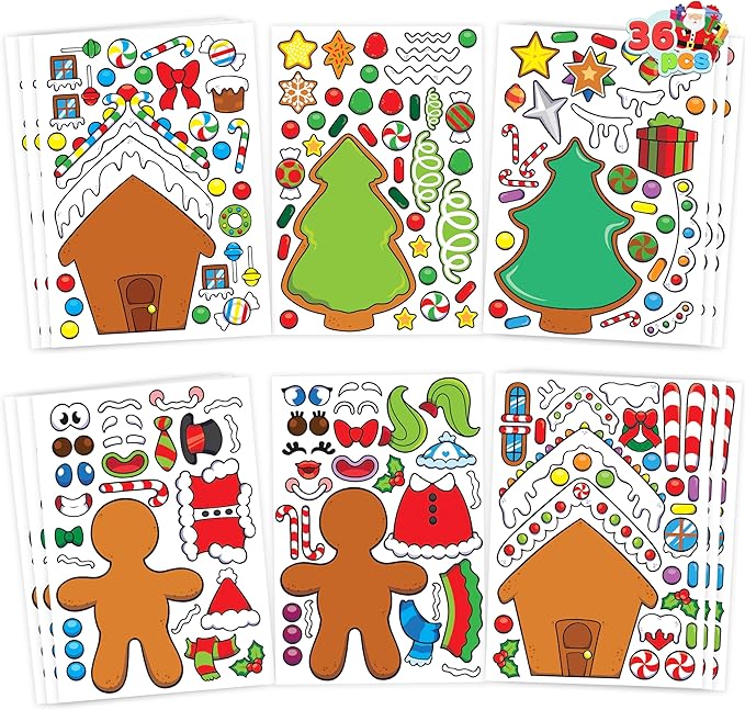 JOYIN 36 Pcs Christmas Make-a-face Sticker Sheets Make Your Own Xmas Cute Stickers with Gingerbread and Tree Sticker Series Design for Kids Party Favor, Art Craft Supplies, Classroom Activities Game