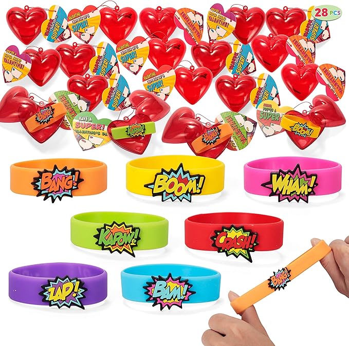 JOYIN 28 Pcs Valentines Day Prefilled Hearts with Cards Filled with Power Bracelets for Kids Classroom Exchange, Cute Valentine Party Favors, Gift Exchange, Game Prizes