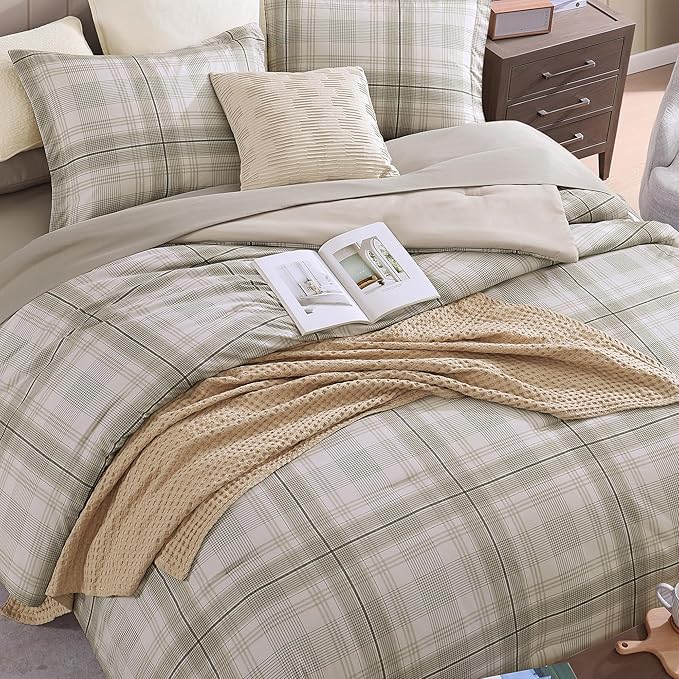 MaiRêve Plaid Full Comforter Sets, Khaki Green Grid Farmhouse Bedding Set Bed in A Bag, Classic Checkered Comforter Sets with Fitted & Flat Sheet, Pillowcases & Shams 80"x90"