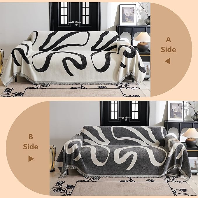 MYSKY HOME Boho Couch Cover Super Soft Couch Covers for 2-3 Cushion Couch Sofa, Modern Black Jacquard Sofa Slipcover Loveseat Futon Cover, Couch Covers for Sectional Sofa, 71" x 134", Black Curve