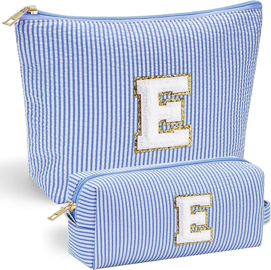 YOOLIFE Initial Makeup Bag for Women, Initial Cosmetic Bag Travel Toiletry Bags for Women Mom Birthday Gifts for Girls Mom Daughter Teacher Sister Kids Teen Girl Gifts Blue E