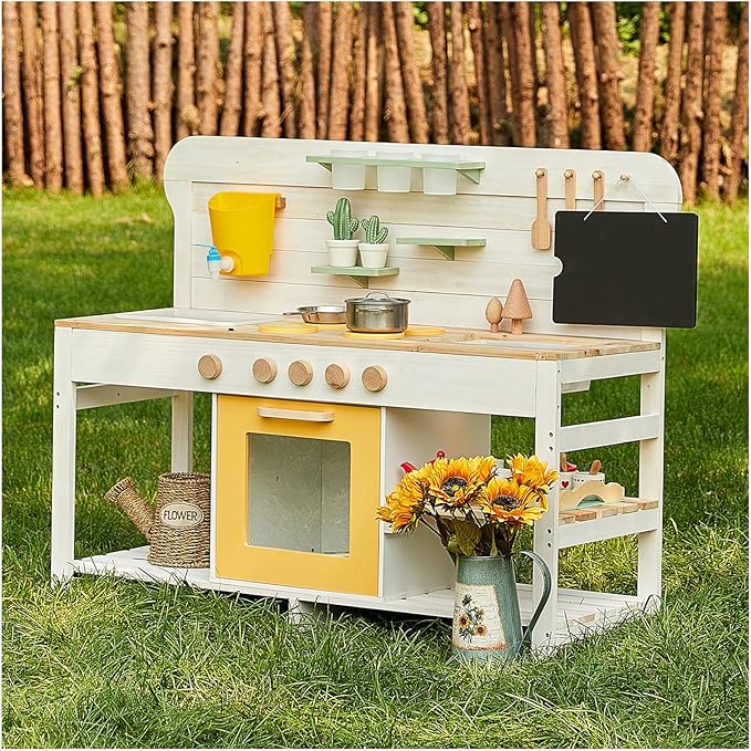 Giant bean Mud Kitchen for Kids Outdoor, Deluxe Wooden Toy Play Kitchen Set, with Sand and Water Sink, Blackboard and Kitchen Accessories for Boys and Girls Ages 3-8 Indoor & Outdoor Activities
