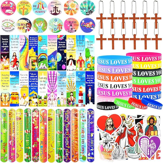128Pcs Christian Christmas Party Favors Religious Gifts for Kids, With Bible Verse Bookmarks Cross Charm Keychains Jesus Bracelets Badge Stickers, for Sunday School Classroom Reward Prize