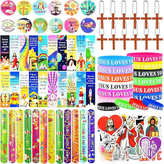 128Pcs Christian Christmas Party Favors Religious Gifts for Kids, With Bible Verse Bookmarks Cross Charm Keychains Jesus Bracelets Badge Stickers, for Sunday School Classroom Reward Prize