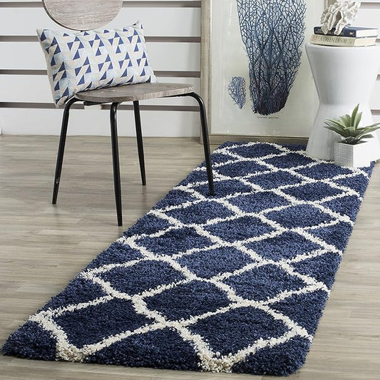 SAFAVIEH Hudson Shag Collection Runner Rug - 2'3" x 8', Navy & Ivory, Moroccan Trellis Design, Non-Shedding & Easy Care, 2-inch Thick Ideal for High Traffic Areas in Living Room, Bedroom (SGH283C)