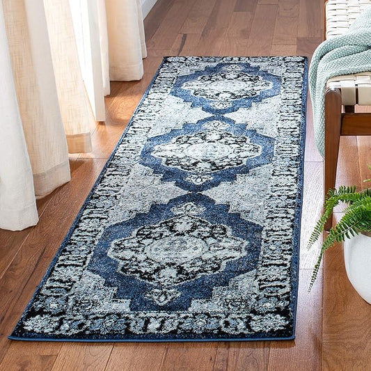 SAFAVIEH Vintage Hamadan Collection Runner Rug - 2'3" x 12', Blue & Grey, Oriental Traditional Persian Design, Non-Shedding & Easy Care, Ideal for High Traffic Areas in Living Room, Bedroom (VTH219M)