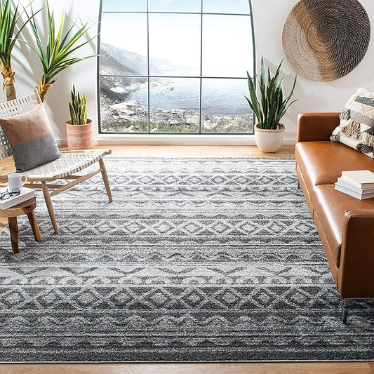 SAFAVIEH Adirondack Collection X-Large Area Rug - 12' x 18', Ivory & Charcoal, Moroccan Boho Distressed Design, Non-Shedding & Easy Care, Ideal for High Traffic Areas in Living Room, Bedroom (ADR119N)