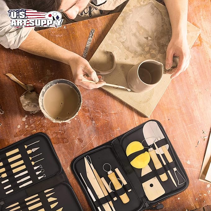 U.S. Art Supply 26-Piece Pottery & Clay Sculpting Tool Sets with Canvas Cases