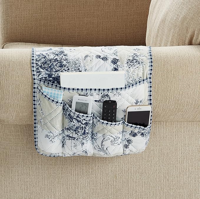 Brilliant Sunshine Blue Toile Couch Sofa Armrest 5 Pockets Organizer, Slip Resistant Recliner Armchair Caddy, Washable Remote Controls Holder, Storage for Magazine, Tablet, Phone, iPad, 35×13", Blue