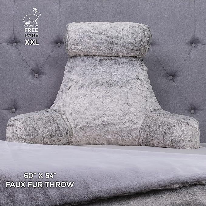 Husband Pillow XXL Rare Baby Arctic Grey Wolf Backrest, Two-Tone Reversible Double Sided Fabulous Faux Fur Reading & Bed Rest Pillow with Arms & Neck Roll, Adjustable Memory Foam - Extremely Comfy
