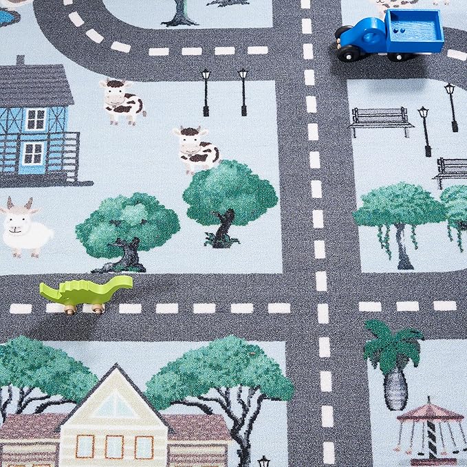 SAFAVIEH Kids Playhouse Collection Area Rug - 5' Square, Blue & Dark Grey, Non-Shedding Machine Washable & Slip Resistant Ideal for High Traffic Areas for Boys & Girls in Playroom (KPH235M)