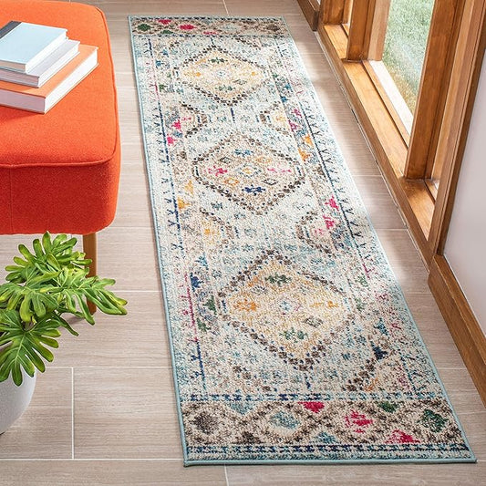 SAFAVIEH Madison Collection Runner Rug - 2' x 8', Blue & Yellow, Boho Diamond Distressed Design, Non-Shedding & Easy Care, Ideal for High Traffic Areas in Living Room, Bedroom (MAD418K)
