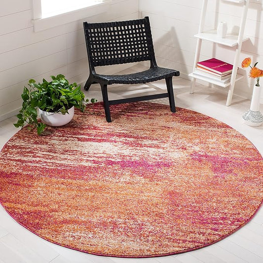 SAFAVIEH Evoke Collection 6'7" Round Ivory / Orange EVK272P Modern Abstract Non-Shedding Dining Room Entryway Foyer Living Room Bedroom Area Rug