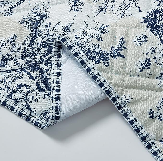 Brilliant Sunshine Blue Toile Couch Sofa Armrest 5 Pockets Organizer, Slip Resistant Recliner Armchair Caddy, Washable Remote Controls Holder, Storage for Magazine, Tablet, Phone, iPad, 35×13", Blue