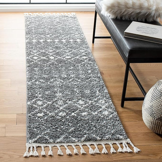 SAFAVIEH Berber Fringe Shag Collection Runner Rug - 2'2" x 6', Grey & Ivory, Moroccan Design, Non-Shedding & Easy Care, 1.2-inch Thick Ideal for High Traffic Areas in Living Room, Bedroom (BFG516F)