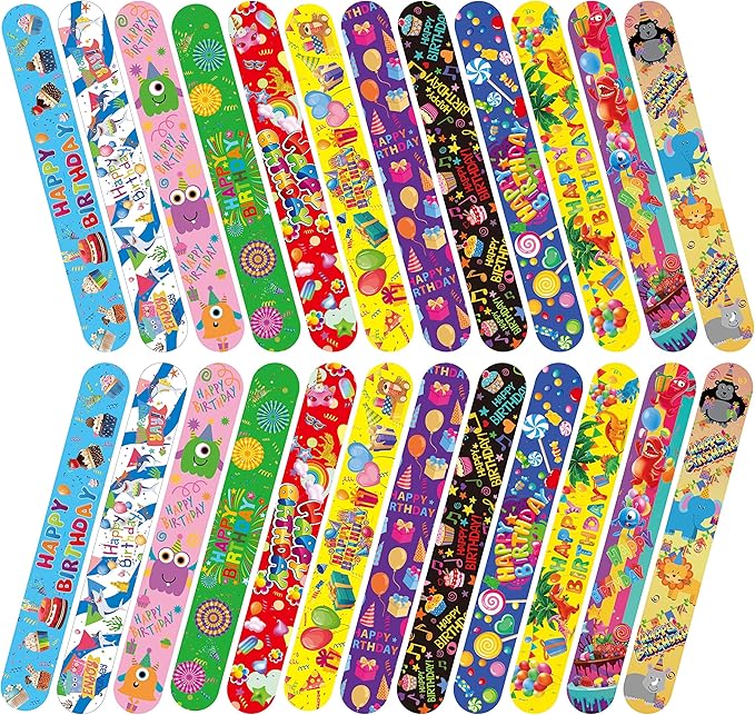 48 Pcs Happy Birthday Slap Bracelets for Kids Birthday Party Slap Bracelets Bulk Snap Bracelet Party Favors Supplies for kids&teens Gifts Teacher Classroom School Favors Prizes Exchanging Gifts