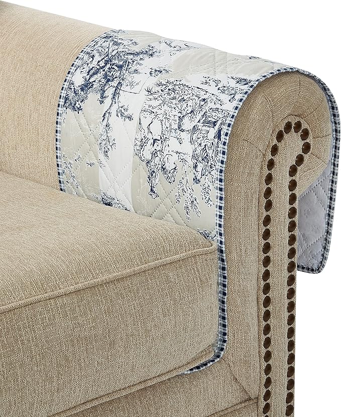 Brilliant Sunshine Blue Toile Couch Sofa Armrest 5 Pockets Organizer, Slip Resistant Recliner Armchair Caddy, Washable Remote Controls Holder, Storage for Magazine, Tablet, Phone, iPad, 35×13", Blue