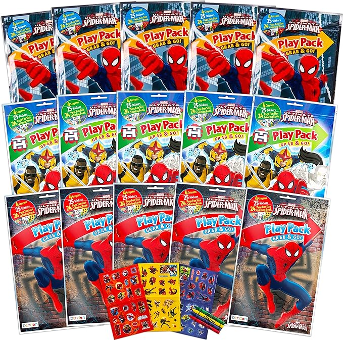 Bendon Set of 15 Kids Play Packs Fun Party Favors Coloring Book Stickers (Spiderman)