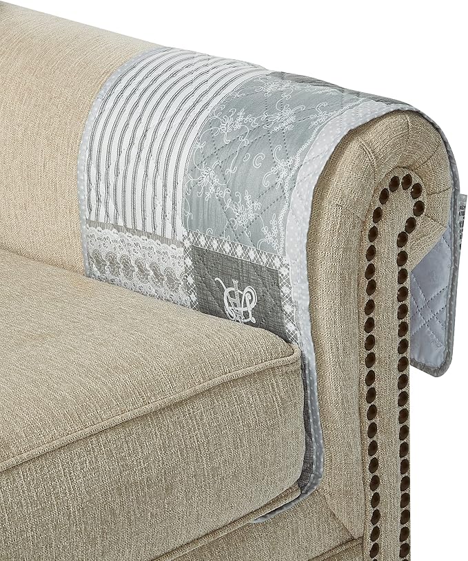 Brilliant Sunshine Grey Floral Patchwork Sofa Armrest 5 Pockets Organizer, Slip Resistant Recliner Armchair Caddy, Washable Remote Controls Holder, Storage for Magazine, Tablet, iPad, 35×13", Grey