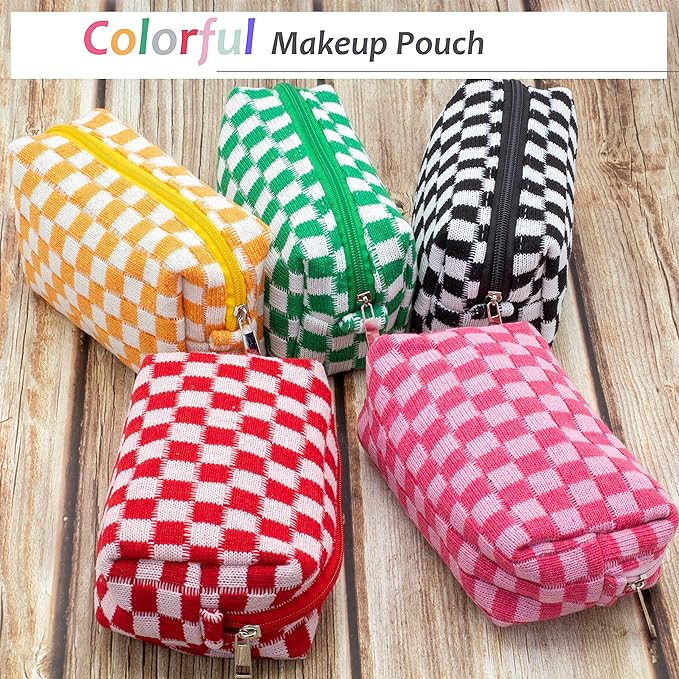 PAZIMIIK Checkered Makeup Bag for Purse Portable Zipper Make Up Pouch Small Cosmetic Case for Travel Accessories (6PCS Red)