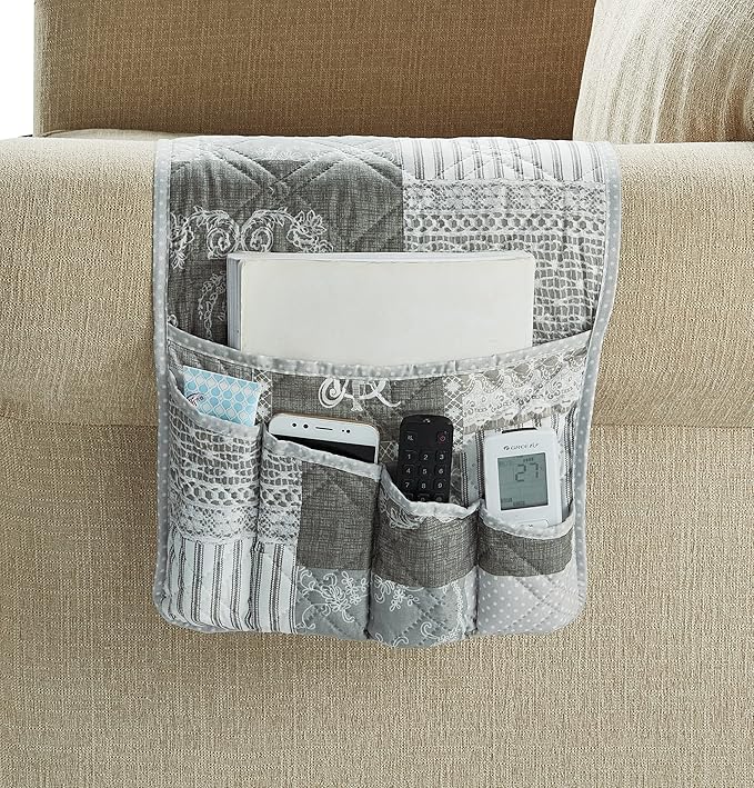 Brilliant Sunshine Grey Floral Patchwork Sofa Armrest 5 Pockets Organizer, Slip Resistant Recliner Armchair Caddy, Washable Remote Controls Holder, Storage for Magazine, Tablet, iPad, 35×13", Grey