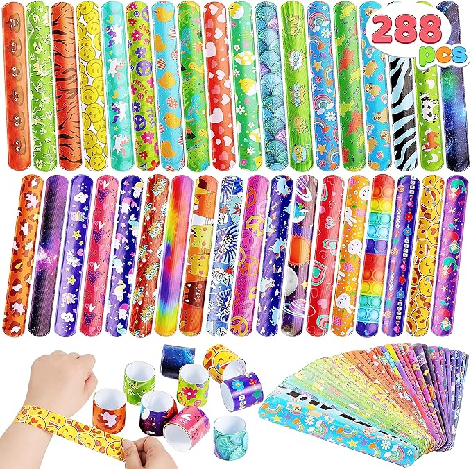 JOYIN 288 Pcs Slap Bracelets Party Favors - 36 Designs with Cute and Colorful Themes - Perfect for kids Easter Party Favors, Valentine Classroom Prizes Exchanging Gifts
