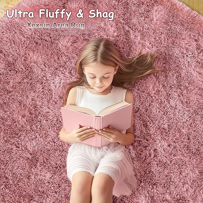 Xexsin Round Fluffy Rugs 6Ft for Girls Bedroom, Blush Pink Shag Circle Kids Rug Non-Slip for Bedside Dorm Nursery Playroom, Soft Cute Area Rugs for Living Room Decor