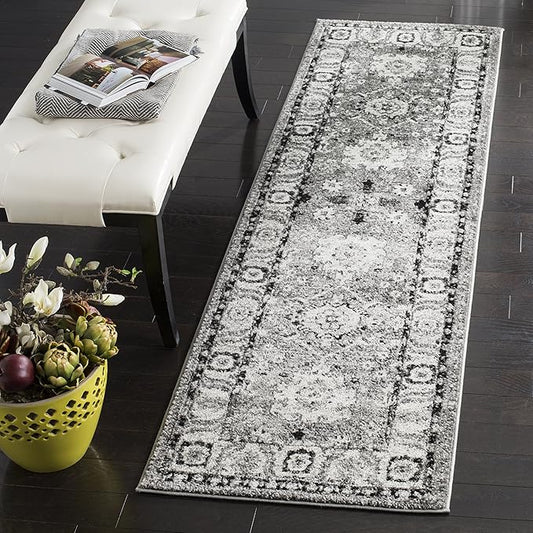 SAFAVIEH Vintage Hamadan Collection Runner Rug - 2'3" x 8', Grey & Black, Oriental Traditional Persian Design, Non-Shedding & Easy Care, Ideal for High Traffic Areas in Living Room, Bedroom (VTH214K)