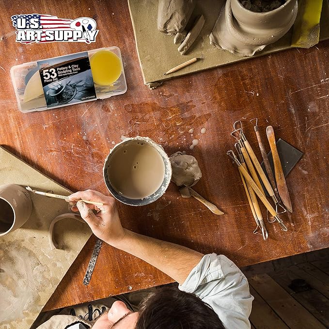 U.S. Art Supply 53 Piece Pottery & Clay Sculpting Tool Set with Hard Plastic Storage Box