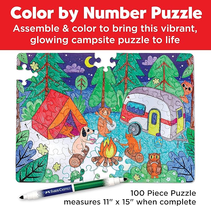 Faber-Castell Color by Number Puzzle, Camping - 100 Pieces, DIY Coloring Puzzle Set for Kids Ages 6+, Small